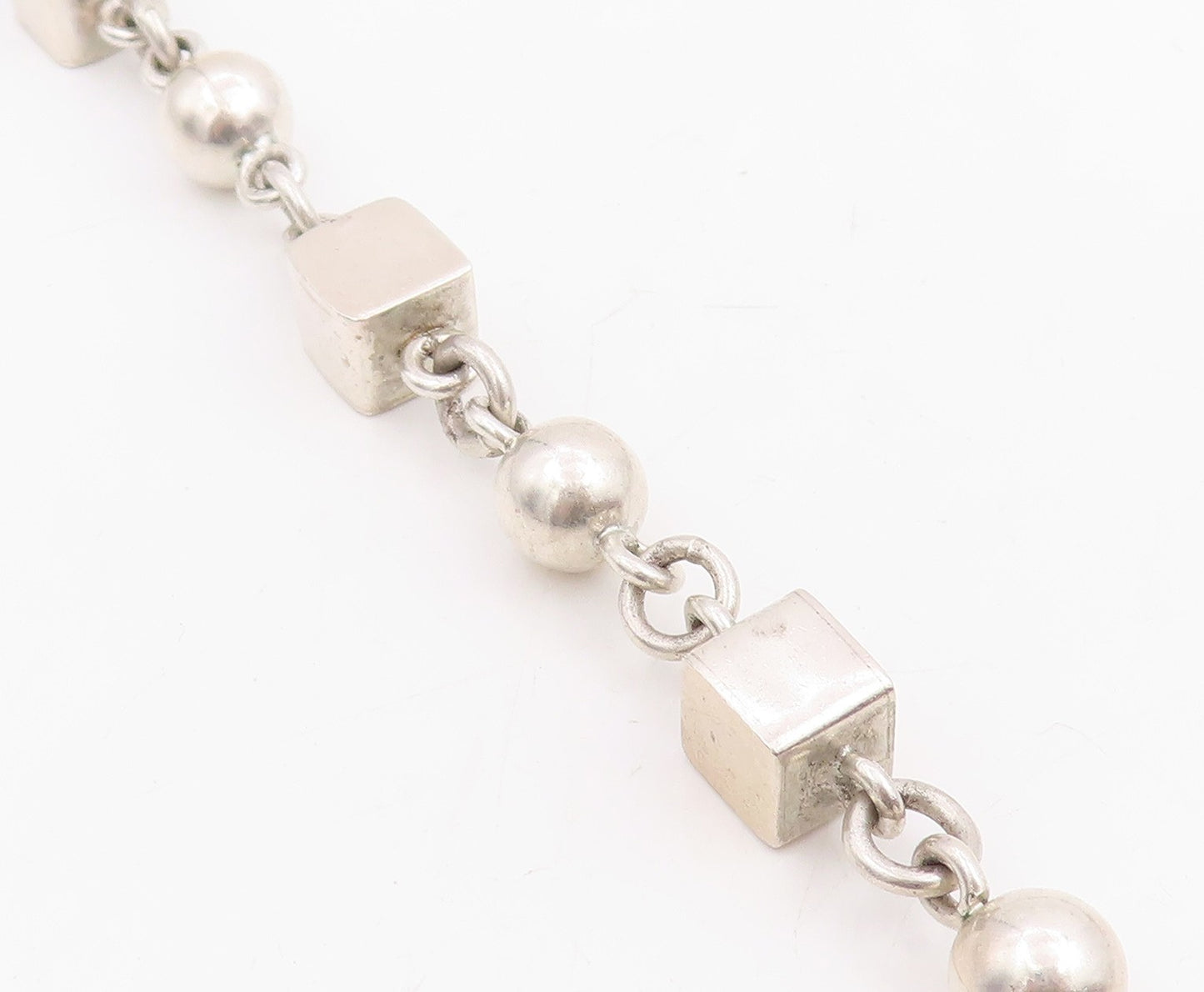 925 Sterling Silver Vintage Necklace MEXICO Geometric Cube & Sphere Chain NE4760