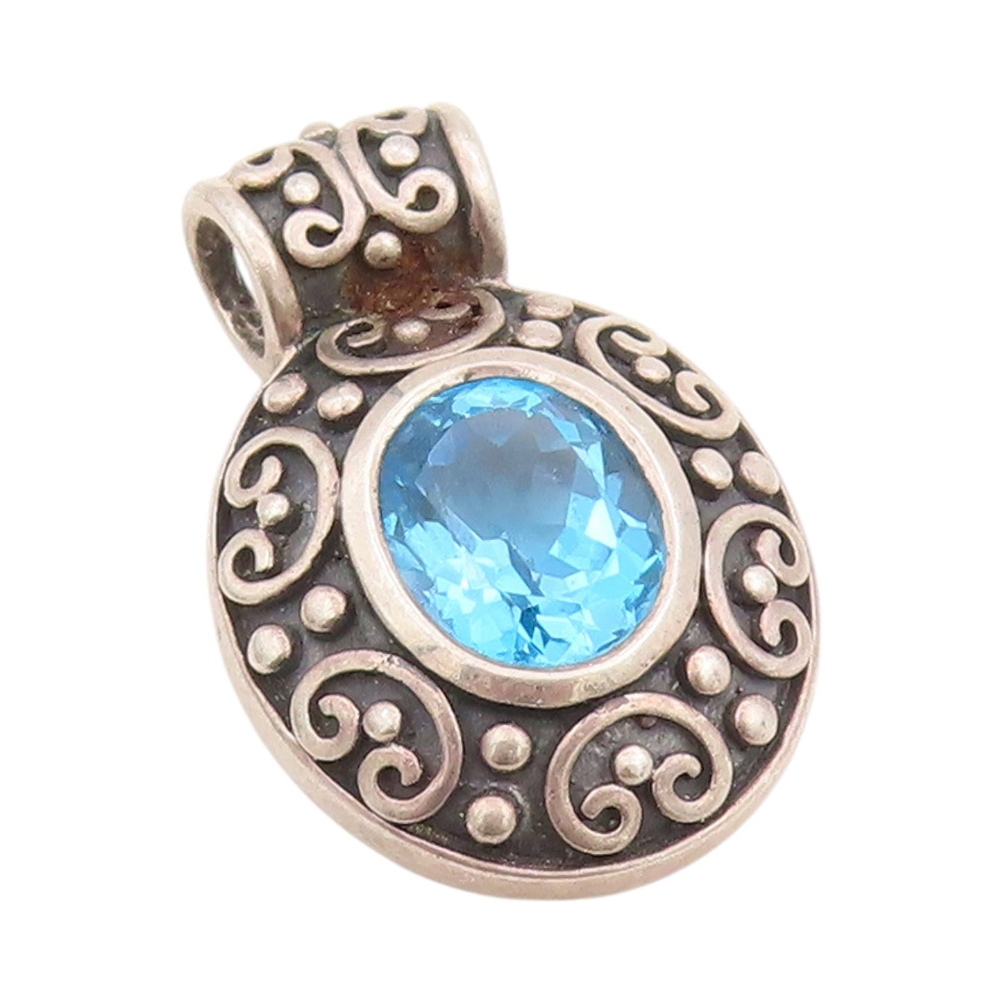925 Sterling Silver Vintage Pendant Blue Oval Cut Topaz Swirly Carved  PT24413