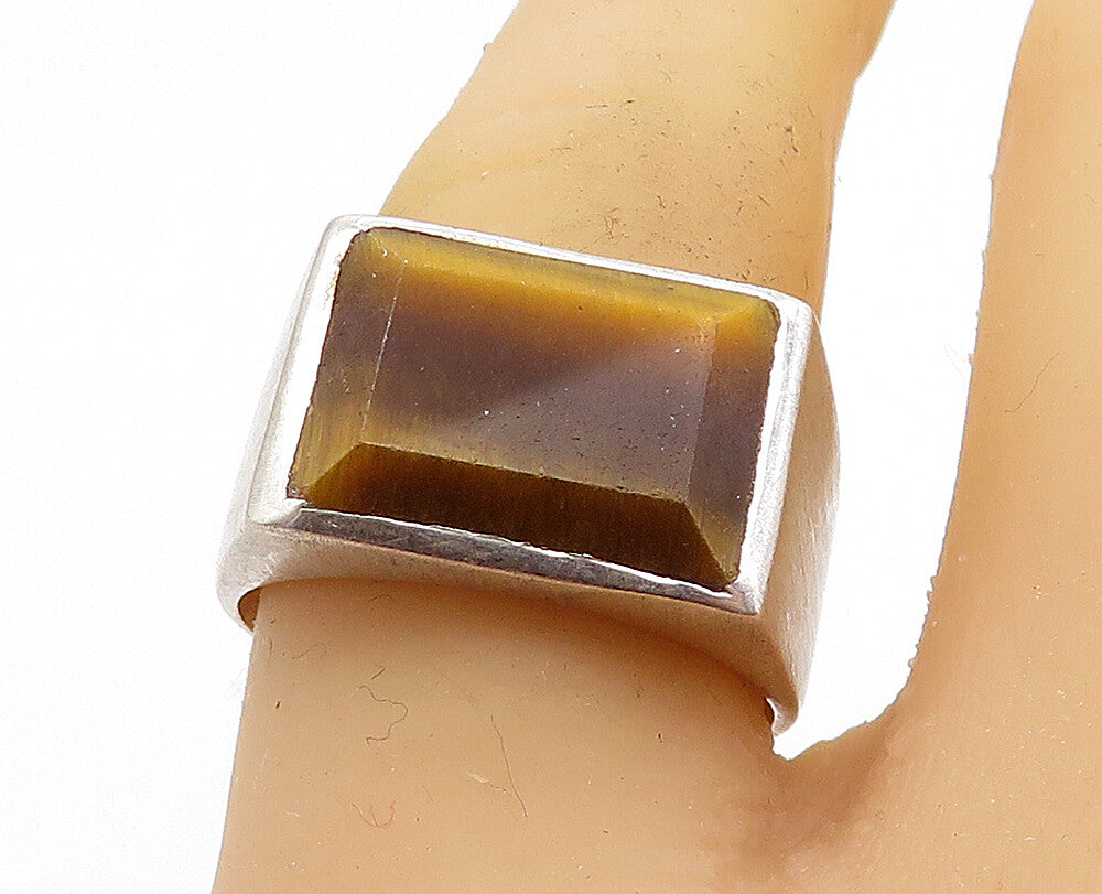 925 Sterling Silver Vintage Tiger's Eye Matte Square Band Ring Sz 8 RG7962