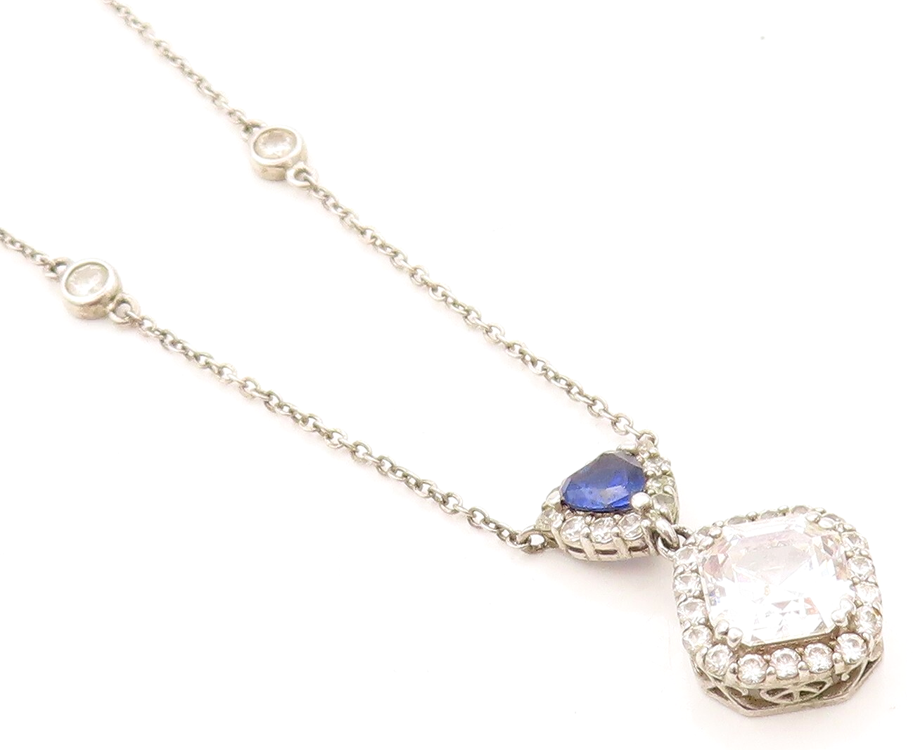 925 Sterling Silver Vintage Necklace Square Topaz & Triangle Sapphire  NE4378