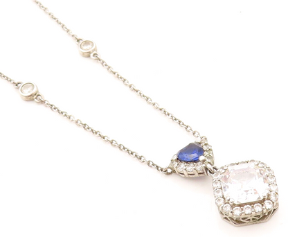 925 Sterling Silver Vintage Necklace Square Topaz & Triangle Sapphire  NE4378