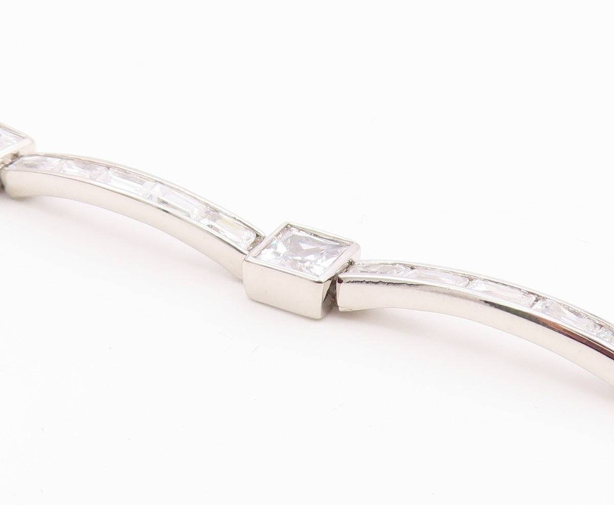 925 Sterling Silver  Vintage Shiny Cubic Zirconia Bar Chain Bracelet  BT8841