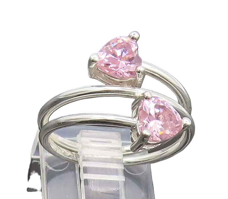 925 Silver  Vintage Minimalist Pink Hearts CZ Spiral End Ring Sz 8.5  RG27024