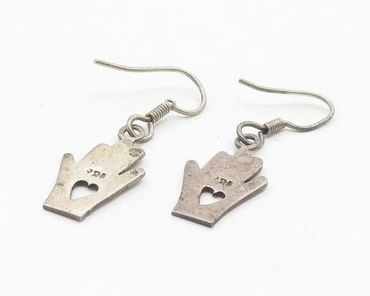 925 Sterling Silver  Vintage Dark Tone Love Heart Hand Dangle Earrings  EG6066
