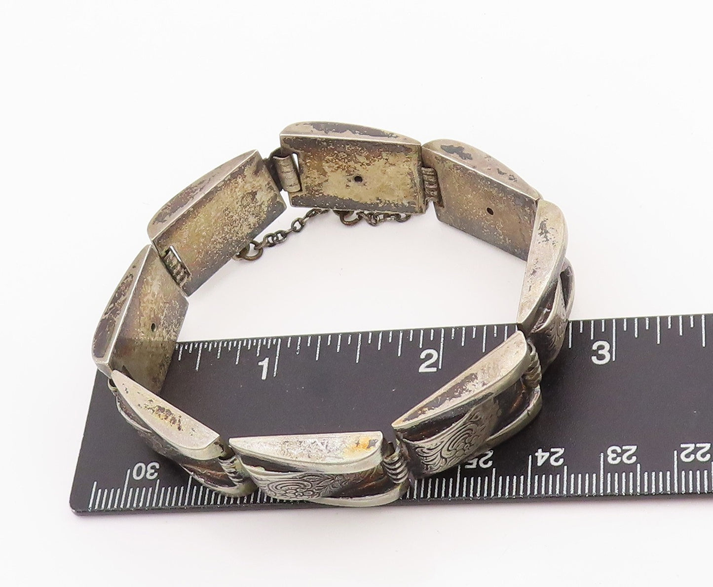 925 Sterling Silver Vintage Bracelet Dark Tone Engraved Floral Panels  BT11417