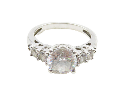 925 Silver  Vintage Cubic Zirconia Solitaire With Accents Ring Sz 6  RG19278