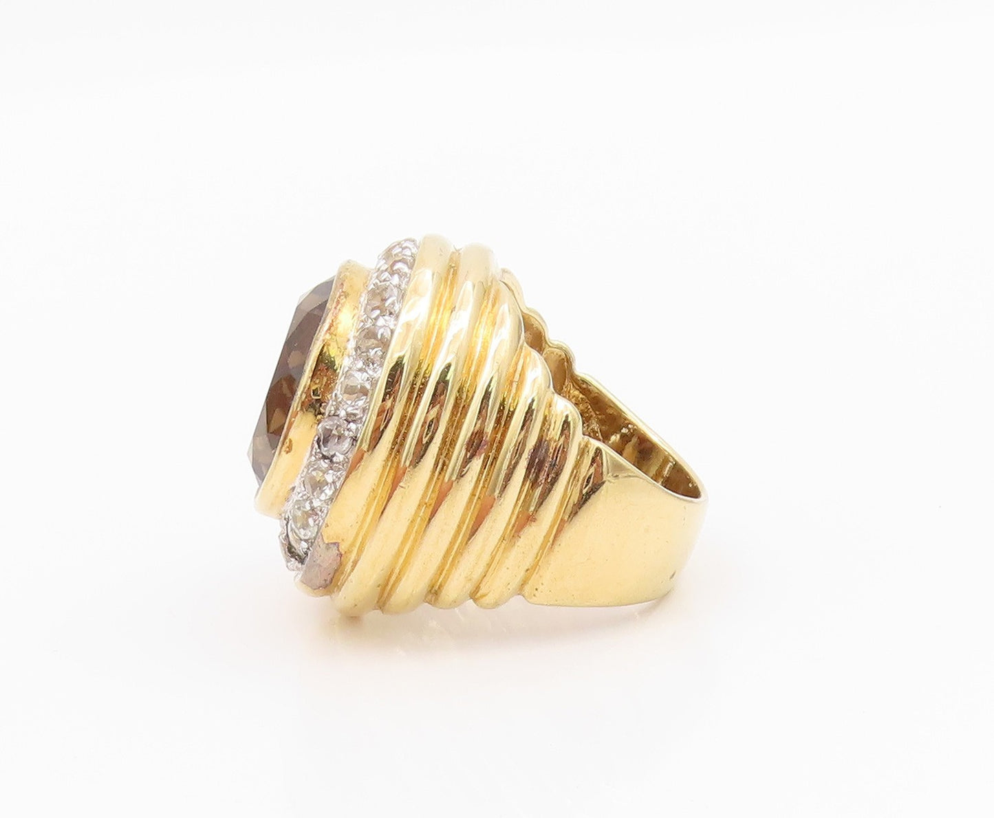 925 Sterling Silver Vintage Ring Gold Plated Smokey Quartz & CZ  Sz 7.5  RG33066