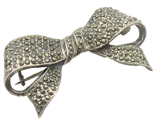 925 Sterling Silver  Vintage Marcasite Bow Tied Ribbon Brooch Pin  BP5964