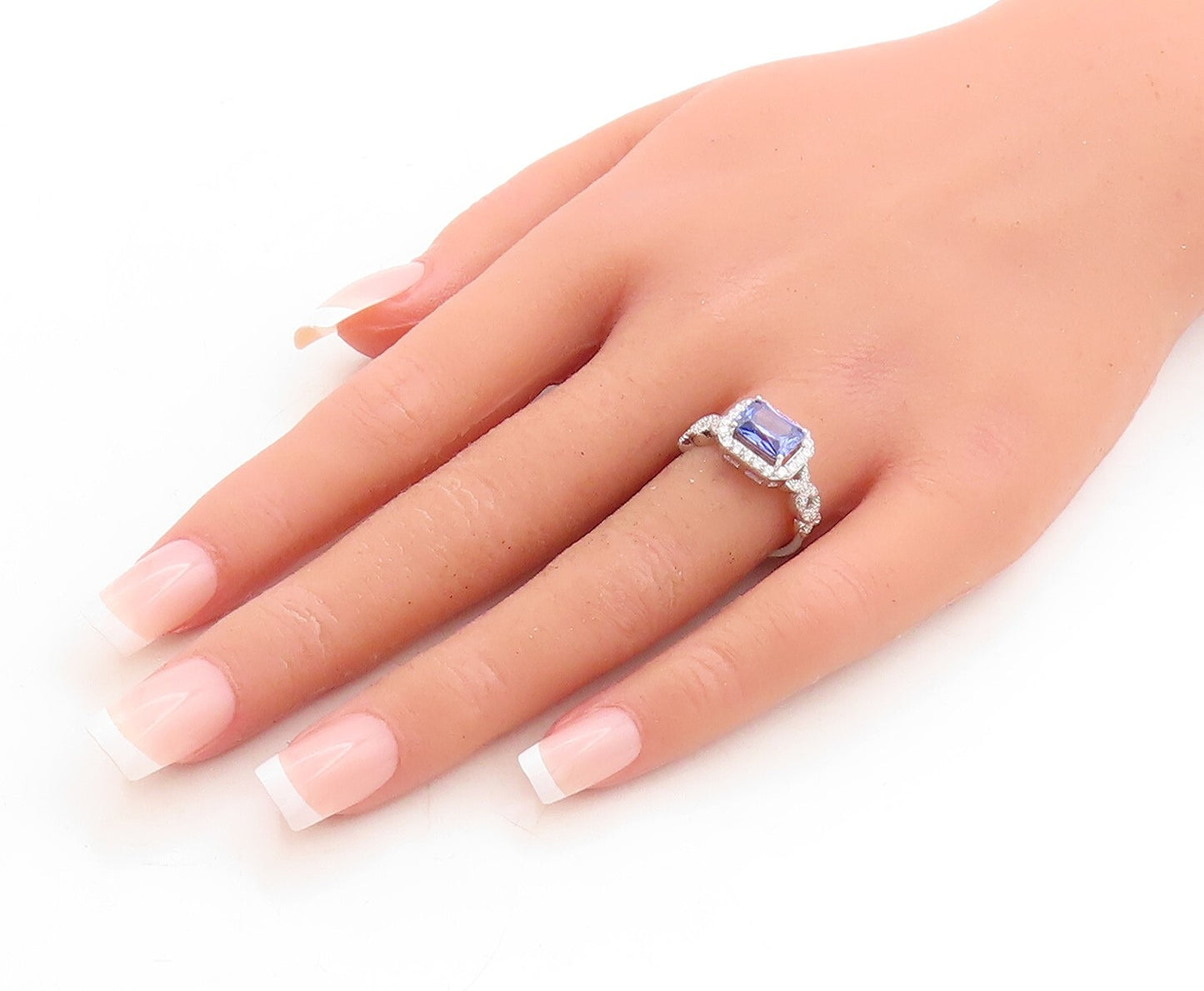 925 Sterling Silver Vintage Ring Rectangle Cut Sapphire Halo CZ  Sz 7  RG31379