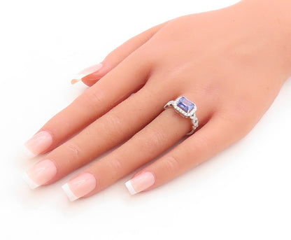 925 Sterling Silver Vintage Ring Rectangle Cut Sapphire Halo CZ  Sz 7  RG31379