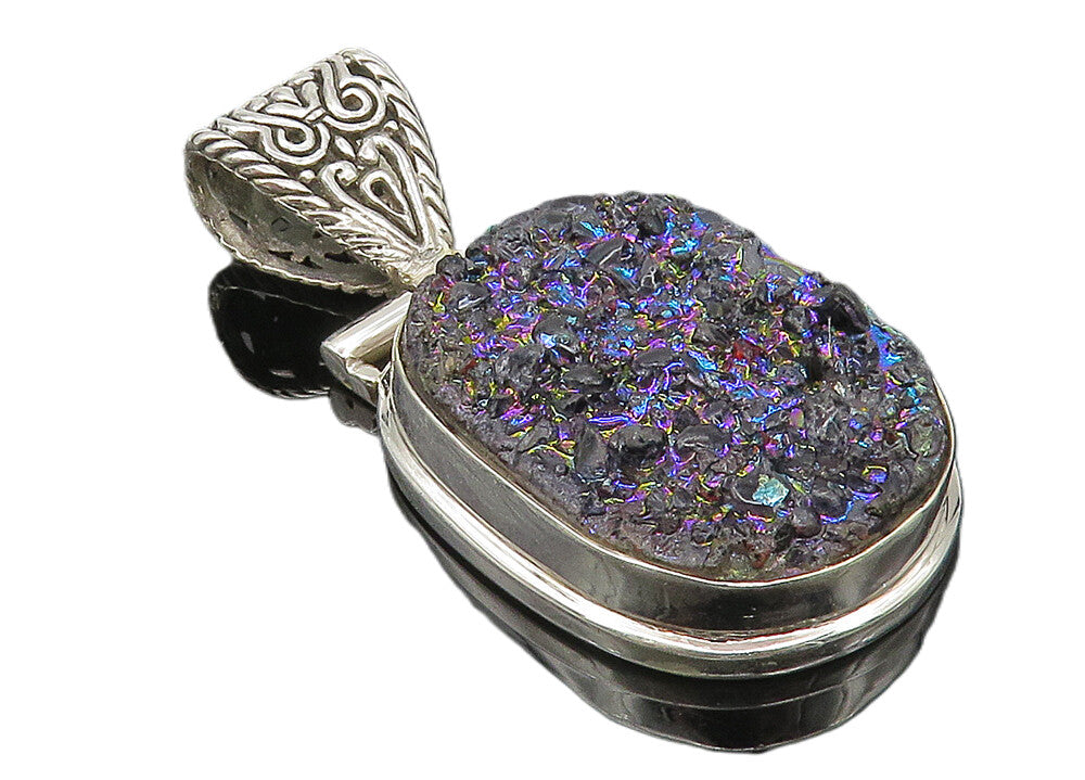 925 Sterling Silver  Druzy Stone Shiny Hinge Swirl Bail Pendant  PT8004