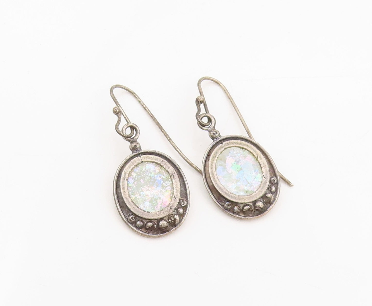 925 Sterling Silver Vintage Earrings Elegant Oval Roman Glass Dangles  EG13803