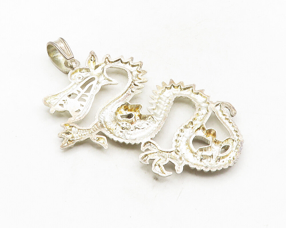 925 Sterling Silver  Vintage Shiny Diamond Cut Dragon Motif Pendant  PT7679