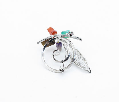 JAPAN 925 Silver  Tiger's Eye Amethyst Agate & Carnelian Brooch Pin  BP1186
