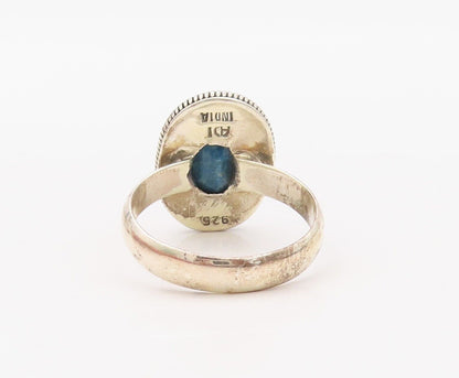 925 Sterling Silver Vintage Ring Oval Blue Gemstone Rope Carved  Sz 9.5  RG30289