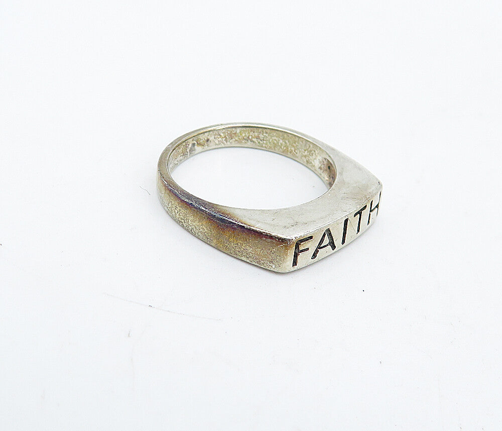925 Sterling Silver Vintage Faith Stamped Square Dome Band Ring Sz 6 RG4473