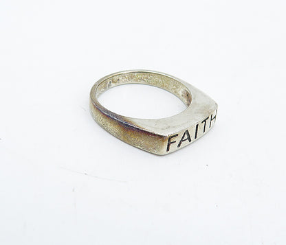 925 Sterling Silver Vintage Faith Stamped Square Dome Band Ring Sz 6 RG4473