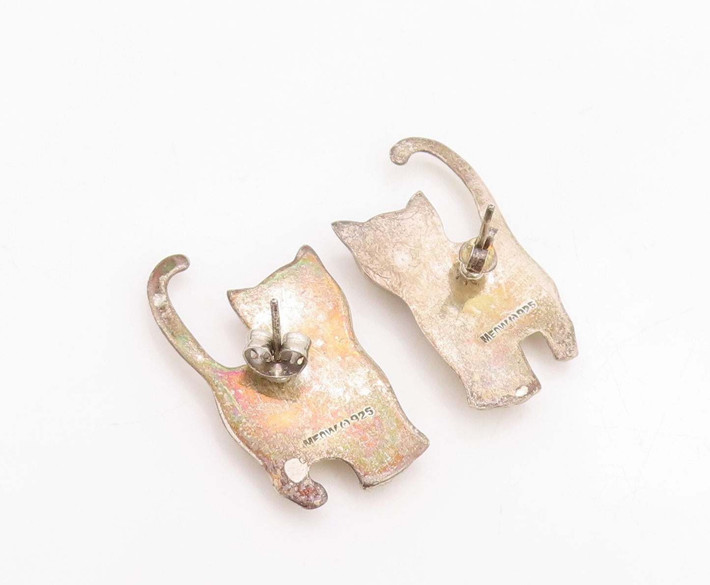 925 Sterling Silver Vintage Earrings Solid Carved Shiny Cats  EG13260