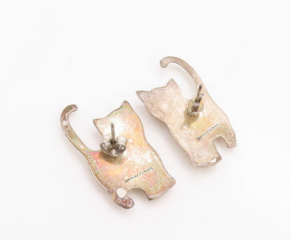925 Sterling Silver Vintage Earrings Solid Carved Shiny Cats  EG13260