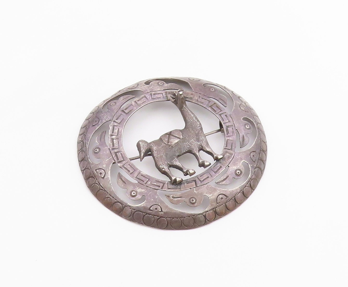 925 Sterling Silver  Vintage Antique Alpaca Greek Key Etched Brooch Pin BP4879