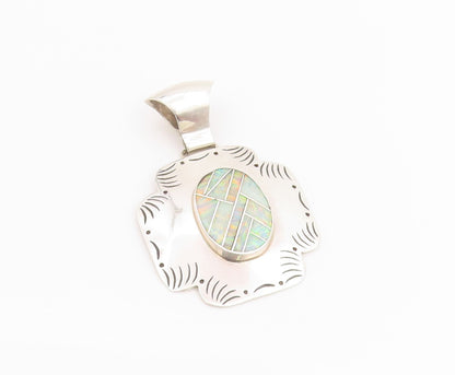 925 Sterling Silver Vintage Pendant NAVAJO Fire Opal Inlay Etched Design PT25159