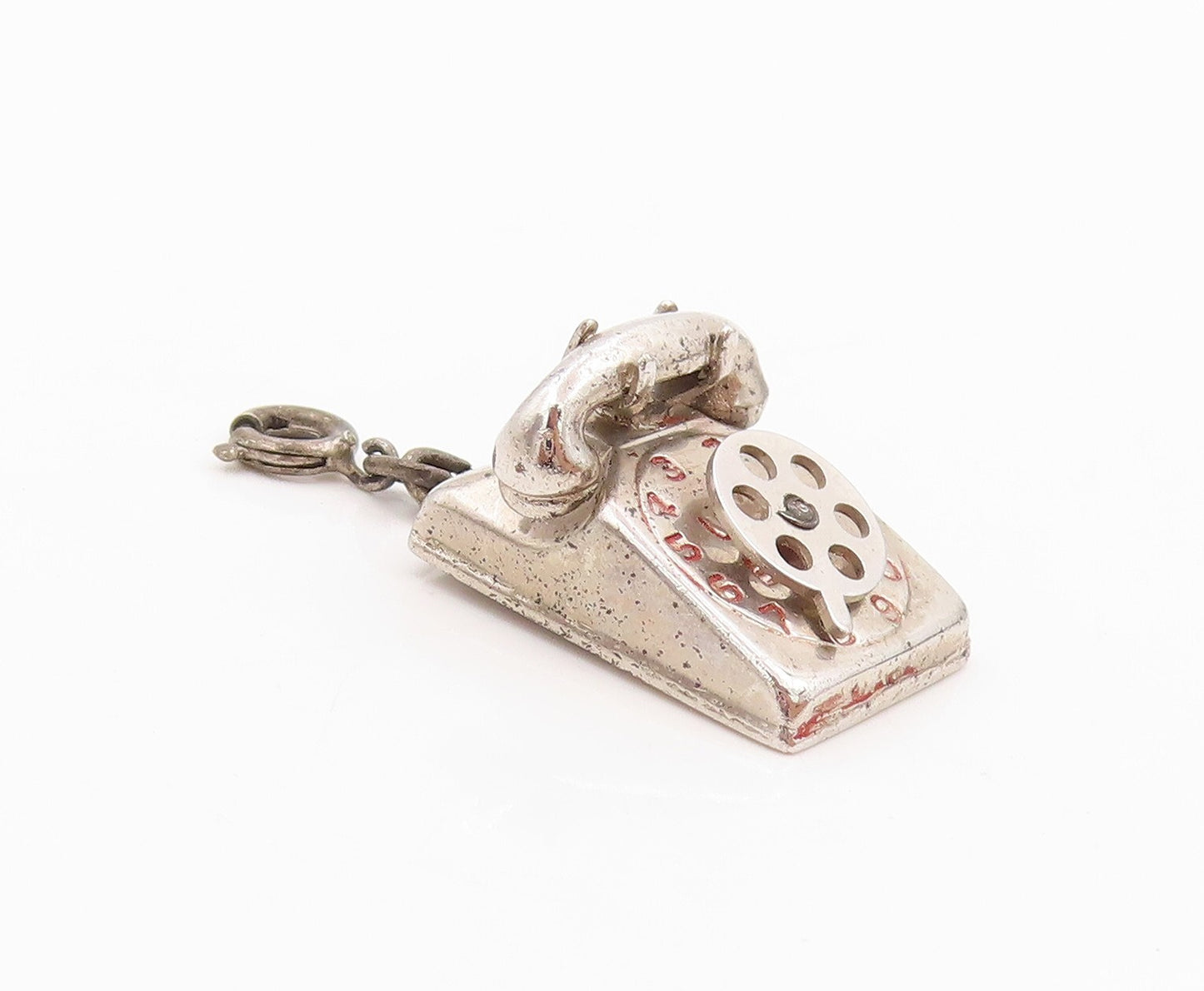 925 Sterling Silver Vintage Pendant Carved Antique Landline Phone Charm  PT23918