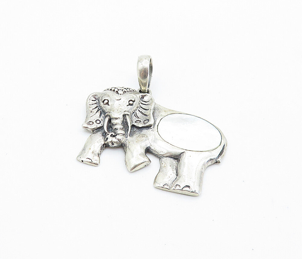 925 Sterling Silver  Vintage Inlaid Mother Of Pearl Elephant Pendant  PT5541