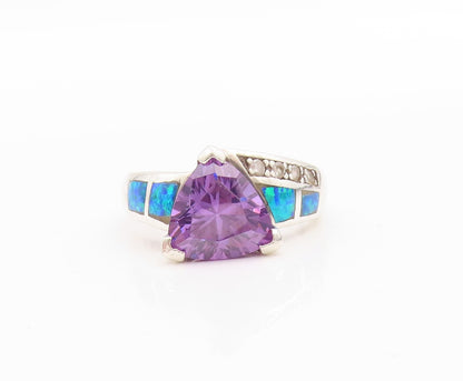 925 Sterling Silver Vintage Ring Faceted Amethyst & Fire Opal Band Sz 8 RG33498
