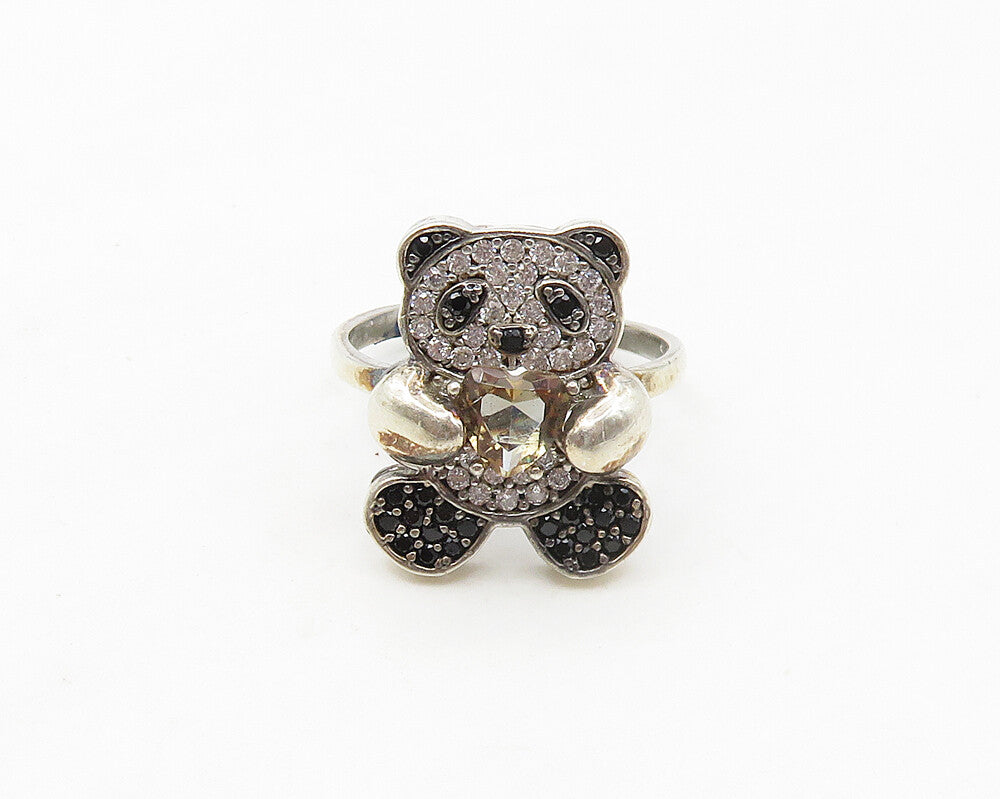 925 Sterling Silver  Peridot Hematite & Topaz Panda Band Ring Sz 6  RG17362