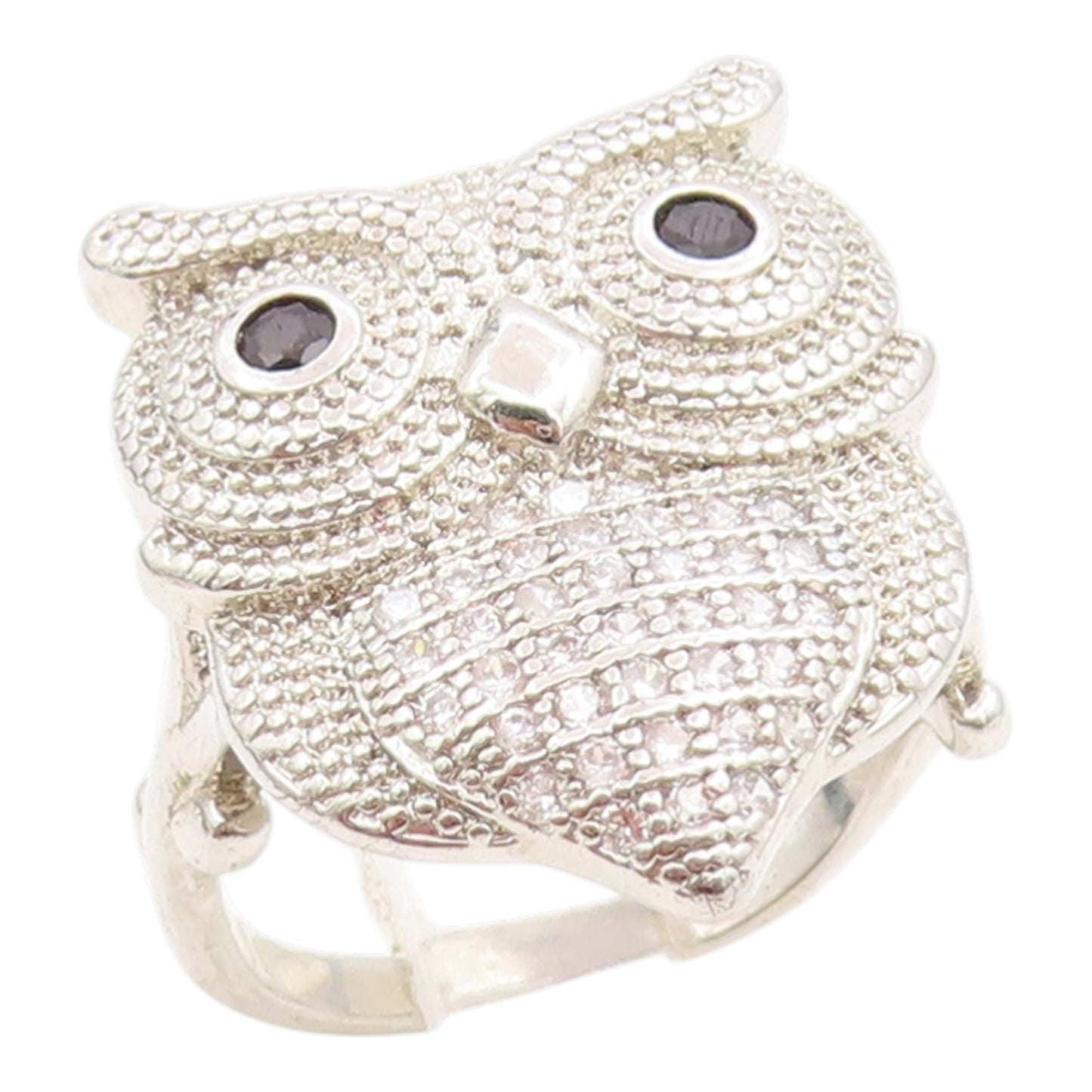 925 Sterling Silver Vintage Ring Round Onyx & CZ Night Owl Band  Sz 6.5  RG35333