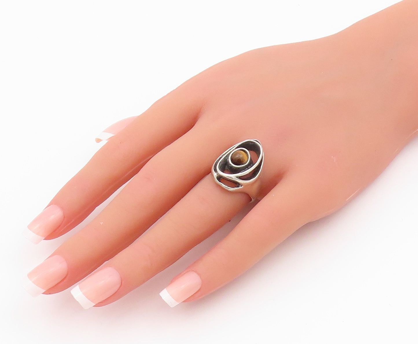 925 Sterling Silver Vintage Ring Dark Tone Brutalist Tiger's Eye  Sz 7  RG33033