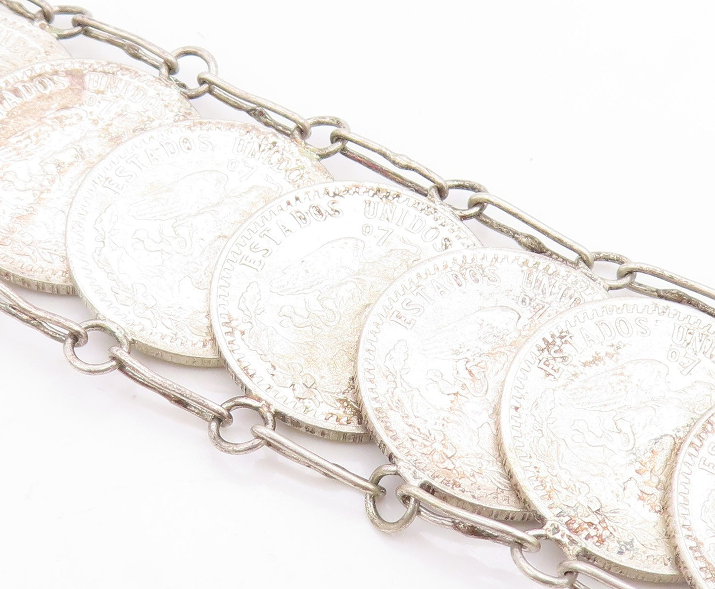 925 Sterling Silver Vintage Bracelet Modernist Mexican Peso Coin Link  BT12051