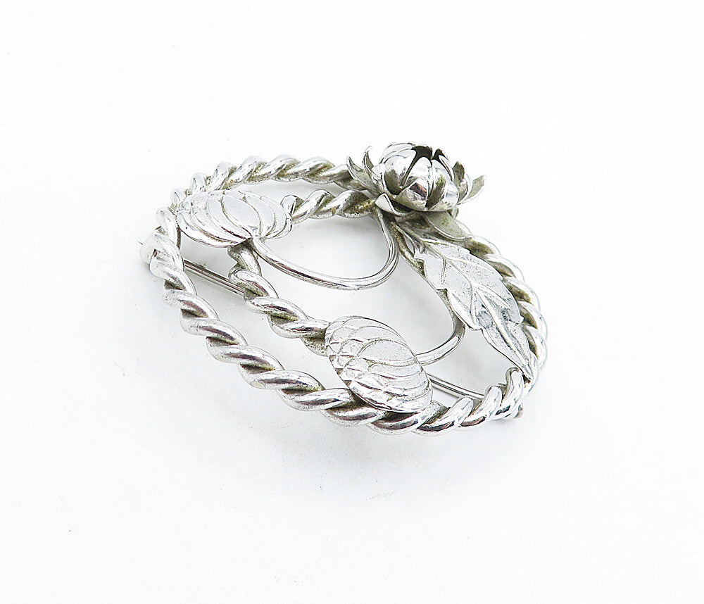 925 Sterling Silver  Vintage Sculpted Floral Leaf Twist Brooch Pin  BP2250