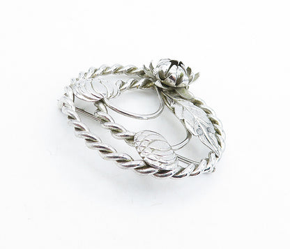 925 Sterling Silver  Vintage Sculpted Floral Leaf Twist Brooch Pin  BP2250