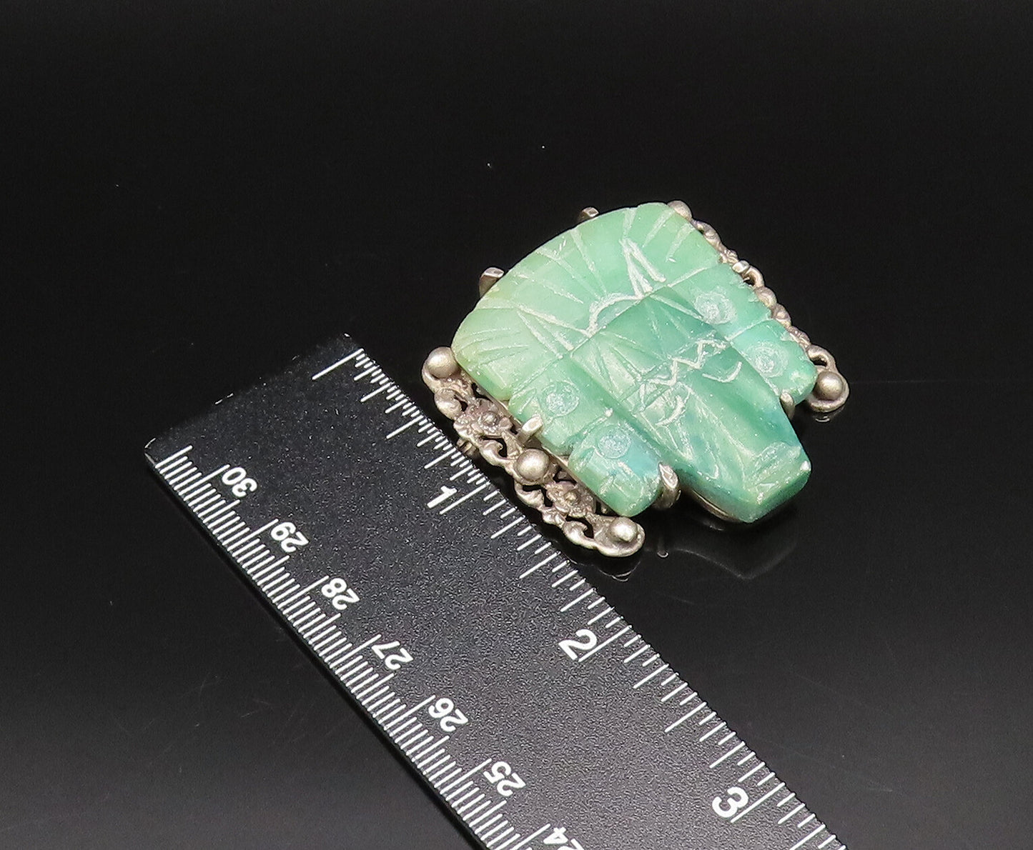 925 Sterling Silver Vintage Jade & Beaded Aztec Warrior Head Brooch Pin BP10009