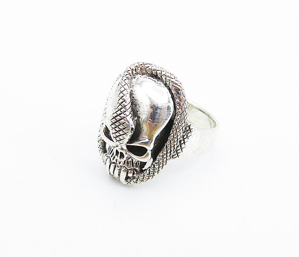 925 Sterling Silver  Vintage Shiny Snake & Skull Head Band Ring Sz 12.5 RG7429