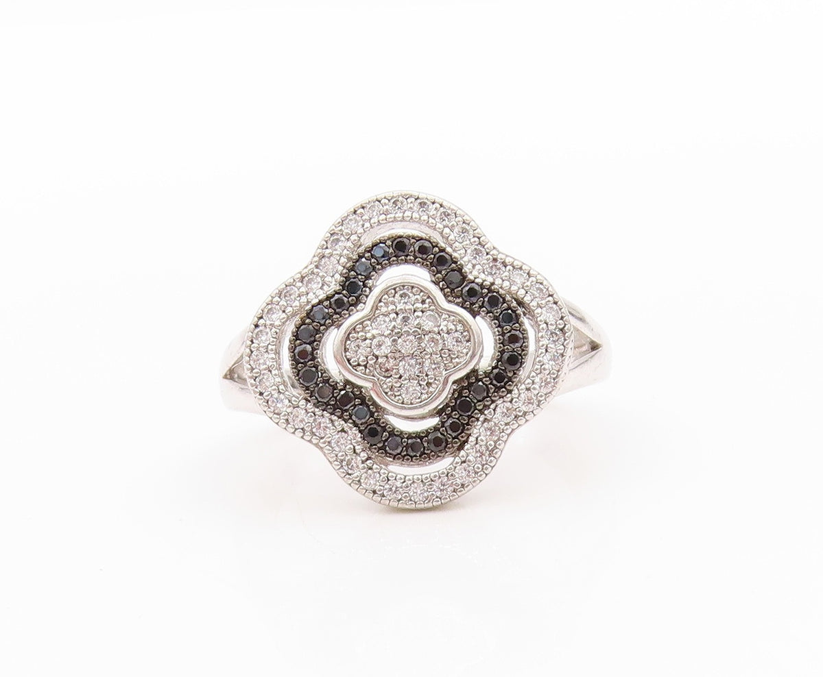 925 Sterling Silver Vintage Ring Black & White CZ Bands Flower  Sz 6  RG33381