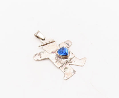 925 Sterling Silver Vintage Pendant Solid Carved Boy With Blue CZ Heart  PT23652