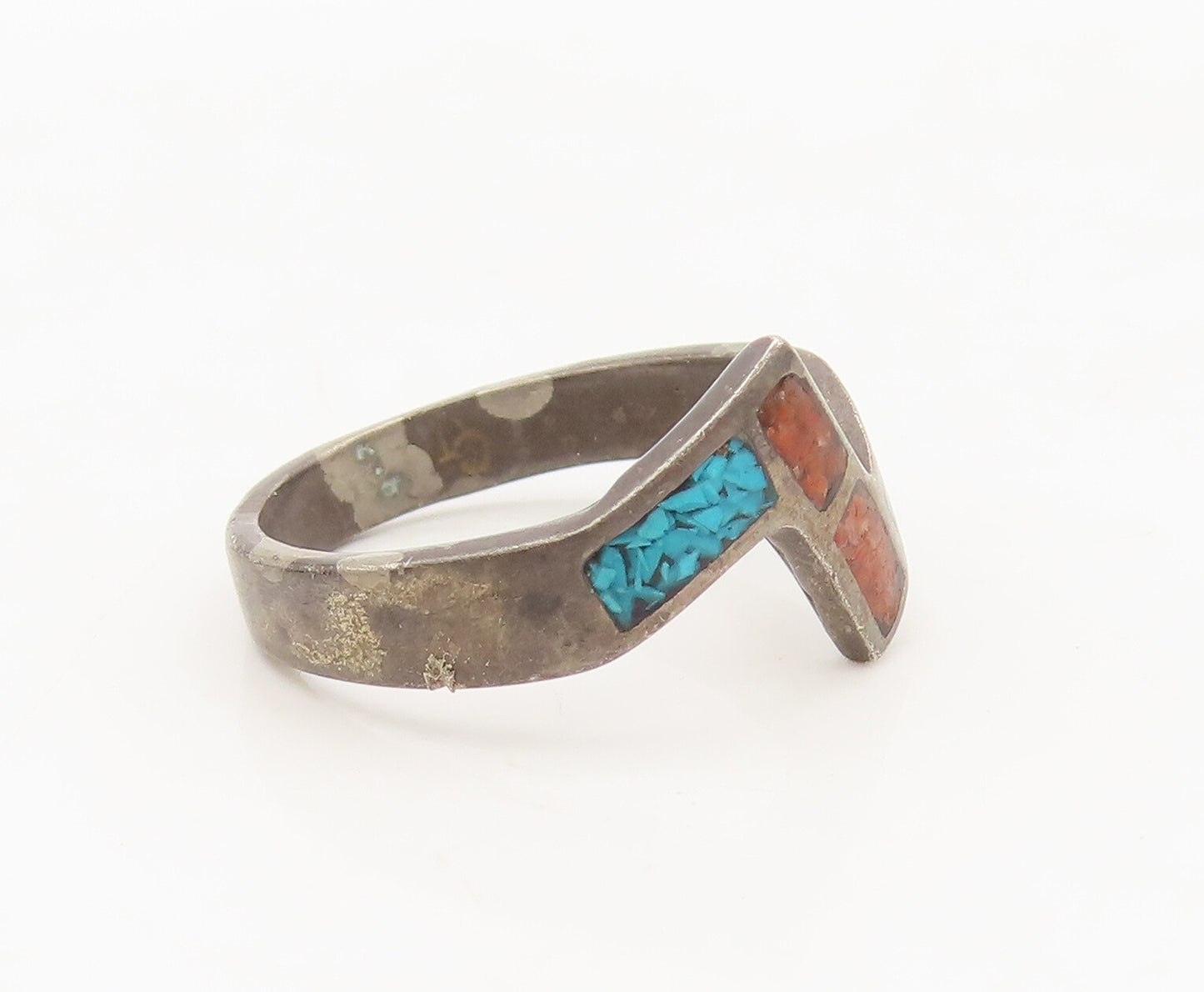 925 Silver Vintage Ring Southwestern Design Inlay Crushed Turquoise Sz 6 RG27551