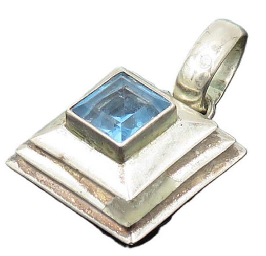 925 Sterling Silver  Vintage Faceted Blue Topaz Square Dome Pendant  PT14558