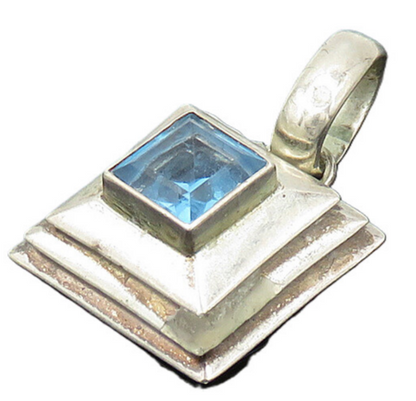 925 Sterling Silver  Vintage Faceted Blue Topaz Square Dome Pendant  PT14558