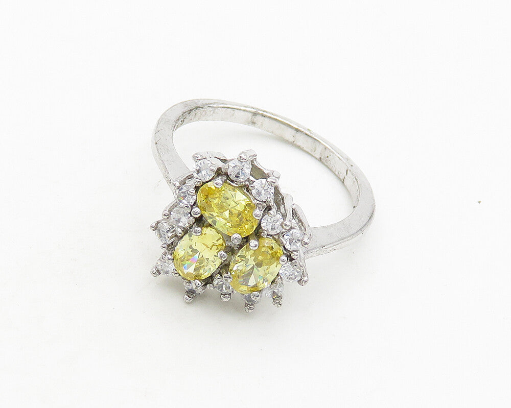 925 Silver  Vintage Canary Yellow Cubic Zirconia Cocktail Ring Sz 9  RG19878