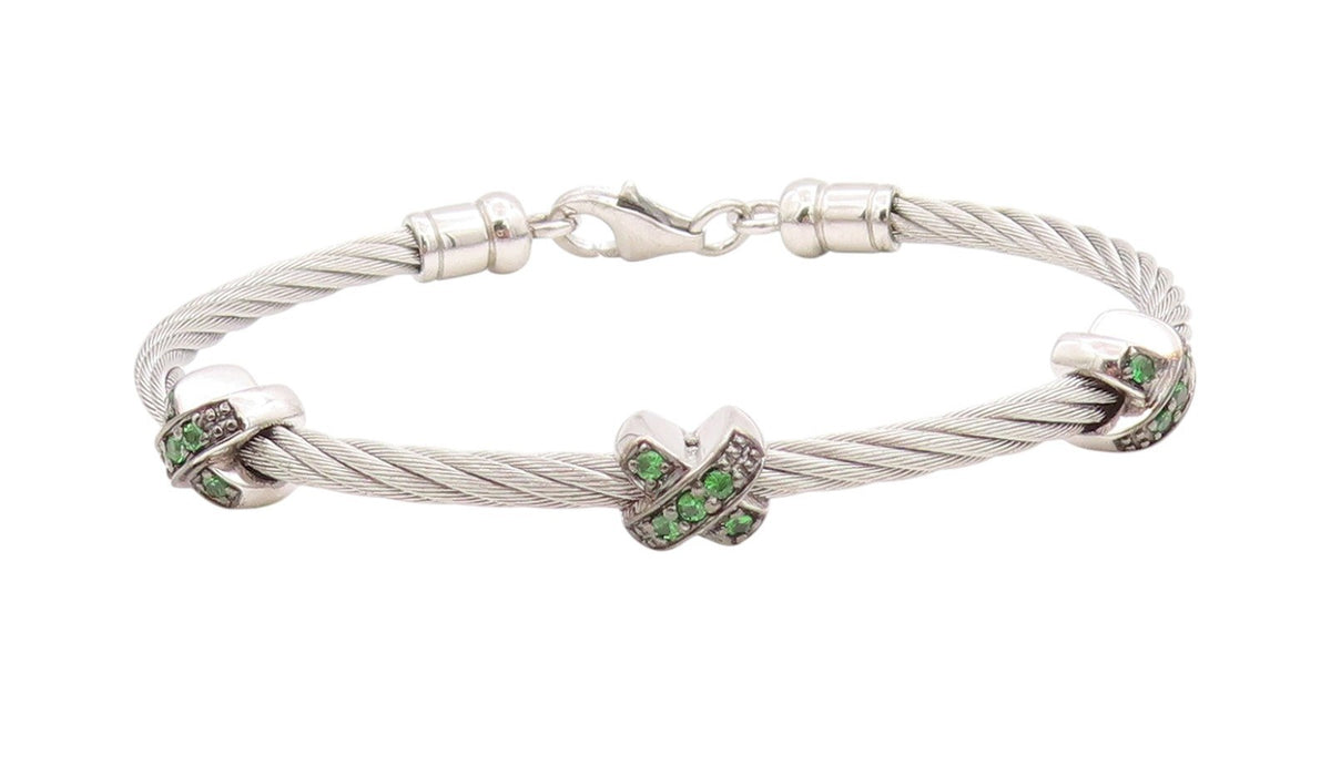 925 Sterling Silver Vintage Bracelet Roped Green CZ Inlay X Bangle  BT11300