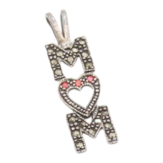 925 Sterling Silver  Vintage Red Topaz & Marcasite Mom Love Pendant  PT16742