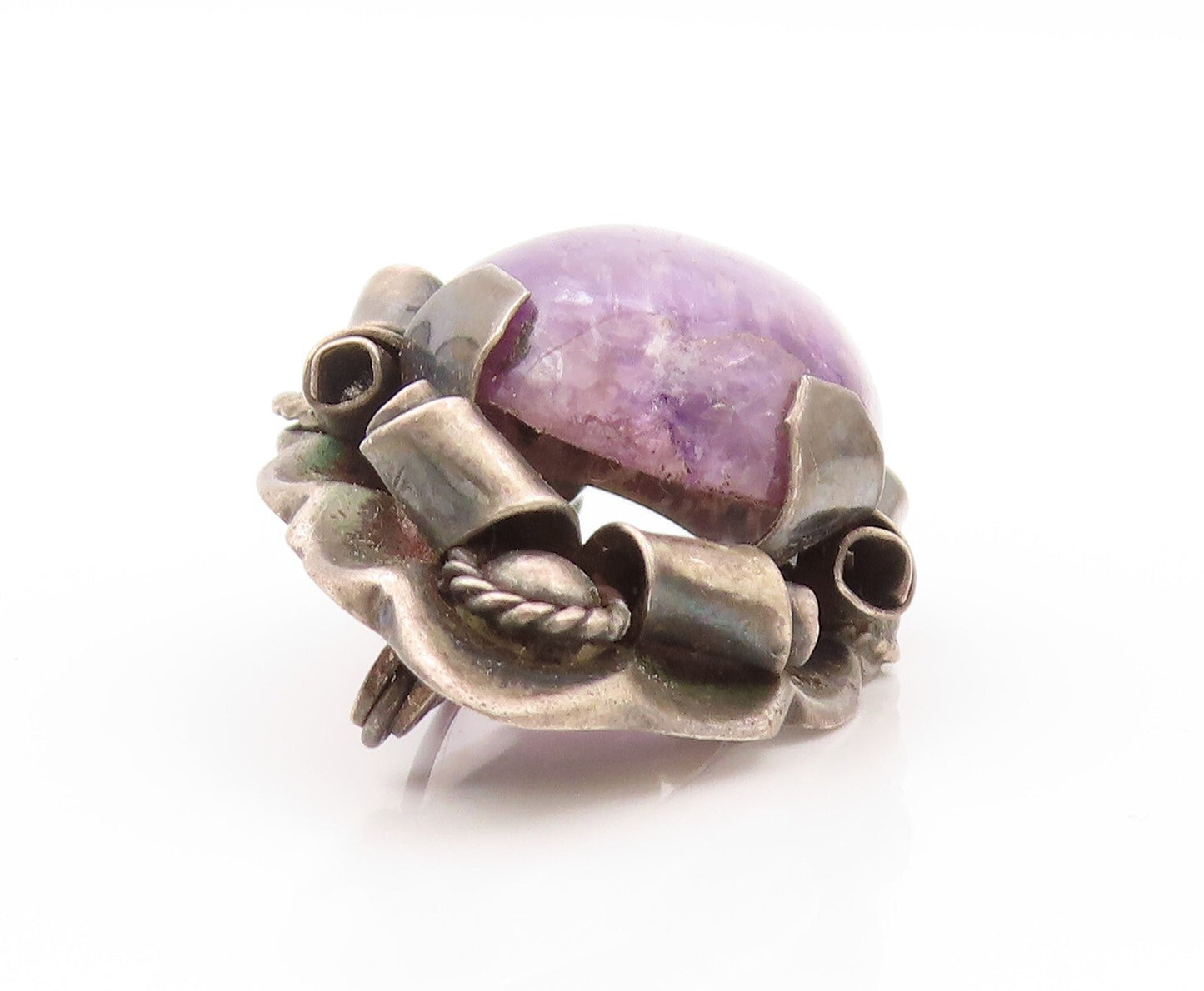 925 Sterling Silver Vintage Brooch MEXICO Oval Amethyst Antique Flower  BP11538