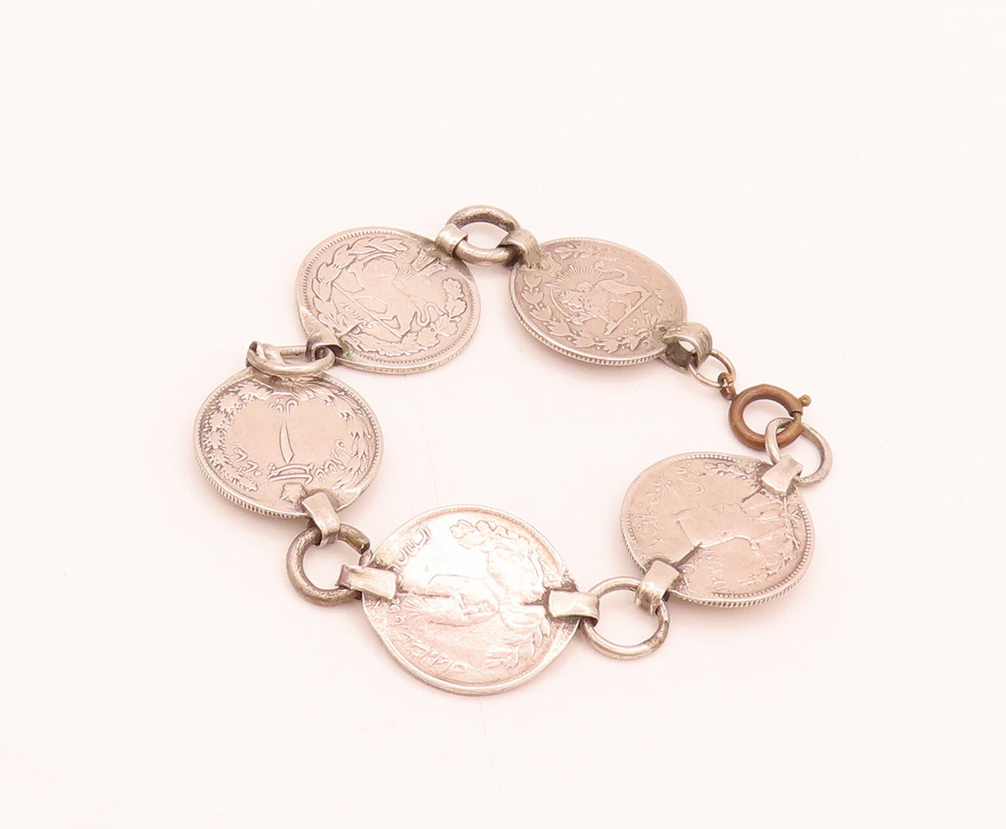 925 Sterling Silver  Vintage Solid Etched Arab Coin Link Bracelet  BT10016
