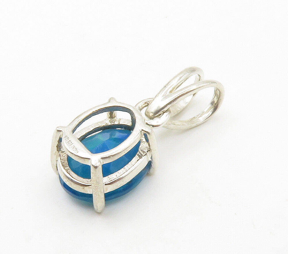 925 Sterling Silver  Shiny Prong Set Blue Topaz Oval Drop Pendant  PT11840