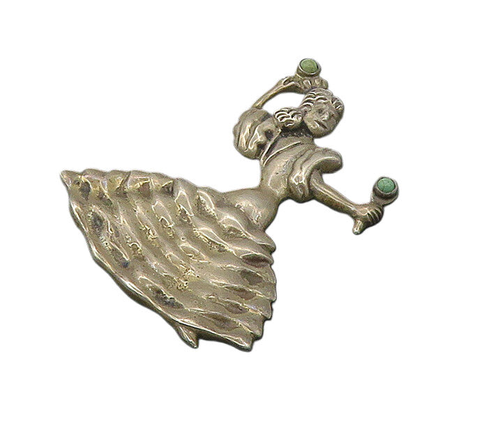 MEXICO 925 Silver  Vintage Antique Turquoise Dancing Woman Brooch Pin  BP7015