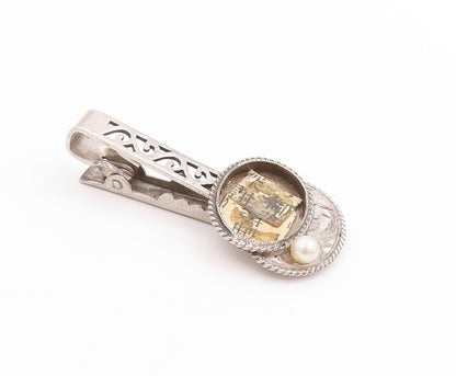 925 Sterling Silver Vintage Tie Clip Pearl Japanese Floral Swirly Design  TR4020
