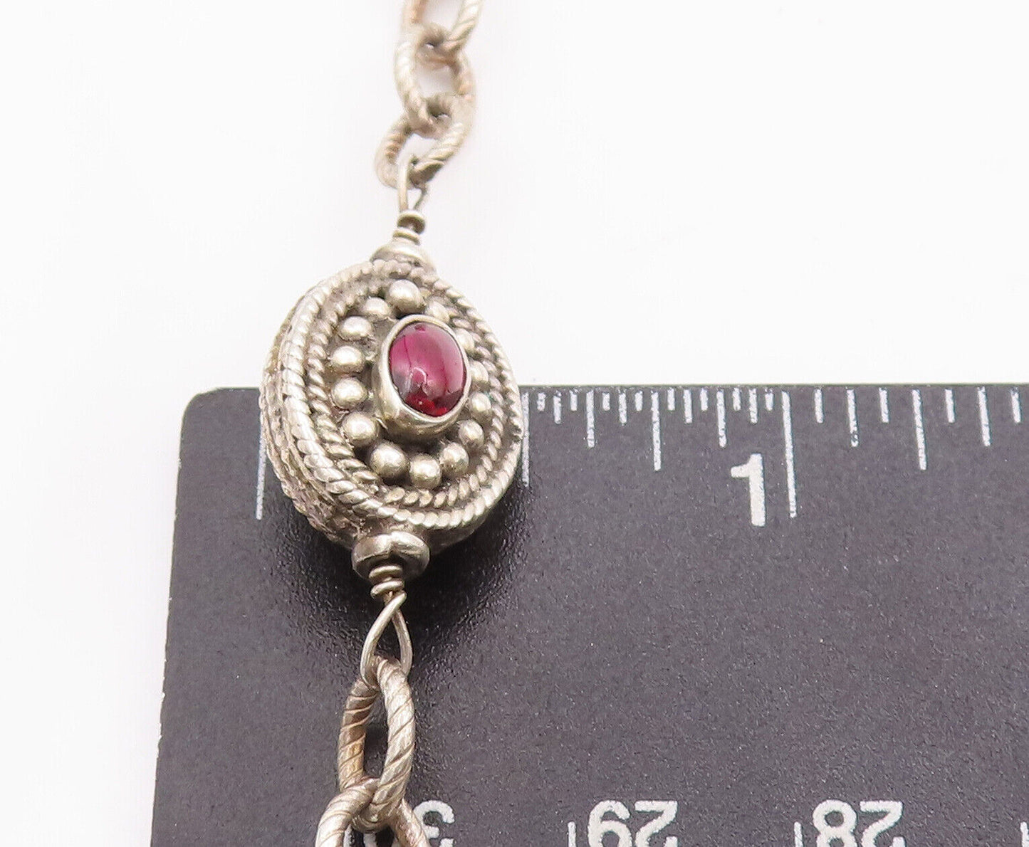 925 Sterling Silver Vintage Bracelet Beaded & Roped Oval Garnet  BT10631